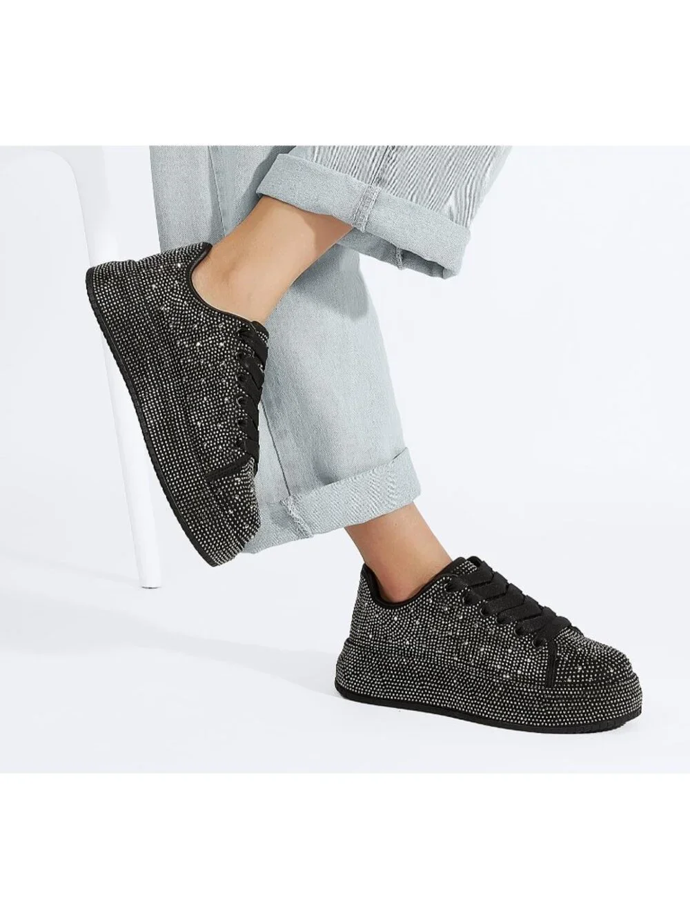 🆕Women's Black Sparkly Glitter Bling Tennis Rhinestone Platform Sneakers